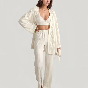 Anna-Kaci Lounge Women's 3-Piece Pajama Set with Textured Woven Knit Bra Top Open Cardigan and High Waist Pants - 1 of 4