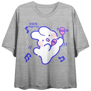 Lovely MongMong Bunny With Maracas Crew Neck Short Sleeve Gray Heather Women's Crop Top - 1 of 4