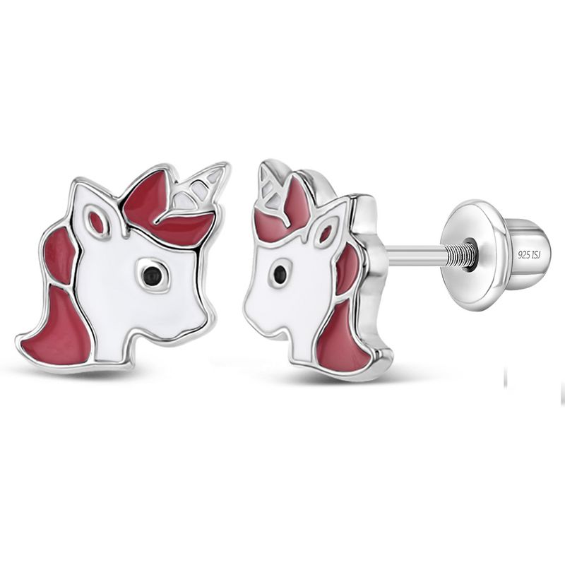 Girl's Happy Unicorn Screw Back Sterling Silver Earrings - In Season Jewelry, 1 of 9