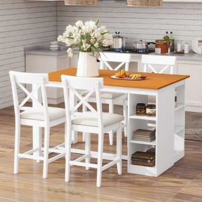 5 Piece Farmhouse Dining Table Set,Wood Counter Height Dining Table and 4 Chairs Set,Kitchen Dining Set with 3 Tier Storage Shelves-Coolbibila
