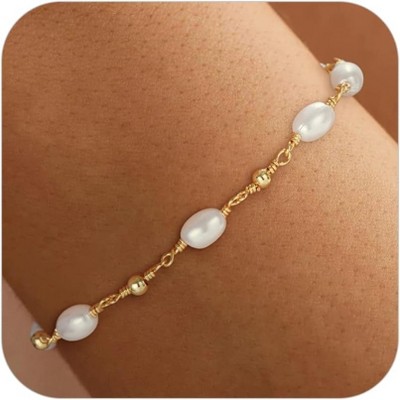 Gold Bracelets for Women Trendy, 14K Real Gold Plated Dainty Stackable Pearl Snake Chain CZ Heart Pendant Bracelets Adjustable 6"+2"