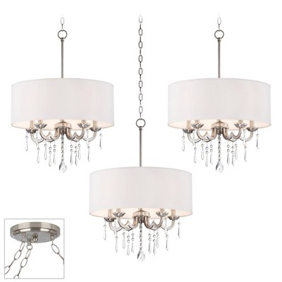 Possini Euro Design Brushed Nickel Swag Pendant Chandelier Modern Crystal Off White Drum Shade 3-Light Fixture Dining Room House