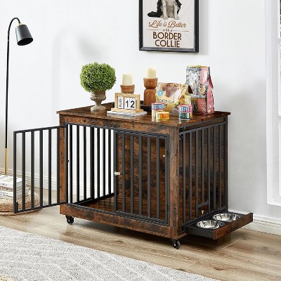 Dog Crate Furniture Decorative Kennel Wooden Dog Crate Chew-Proof Metal Barrier with Dog Bowls Flip-Top 3 Doors Wheel for Small Medium Large Dogs
