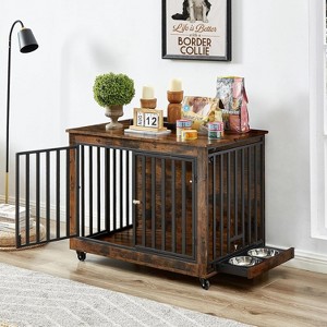 Dog Crate Furniture Decorative Kennel Wooden Dog Crate Chew-Proof Metal Barrier with Dog Bowls Flip-Top 3 Doors Wheel for Small Medium Large Dogs - 1 of 4