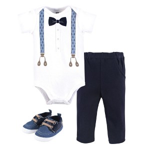 Hudson Baby Infant Boy Cotton Bodysuit, Pant and Shoe Set, Blue Anchor Suspender - 1 of 4