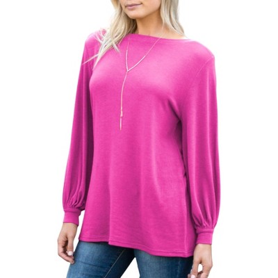 Amaryllis Women's Long-Sleeve Casual Boat Neck Loose-Fit Blouse Soft Stretchy Knit