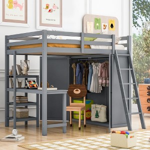 NicBex Full Size Bunk Bed with Desk Loft Bed Wood Bed Frame with Wardrobe, Shelves, Inclined Ladder and Guardrail, No Box Spring Required - 1 of 4