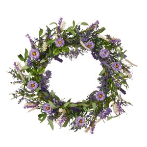 Spring Violeta 26in Wreath, w/ Artificial Erigeron Daisy, Heather, Millet & Lavender - 1 of 4