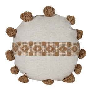 Tan with Pom Poms 16X16 Hand Woven Filled Round Pillow - Foreside Home & Garden - 1 of 4