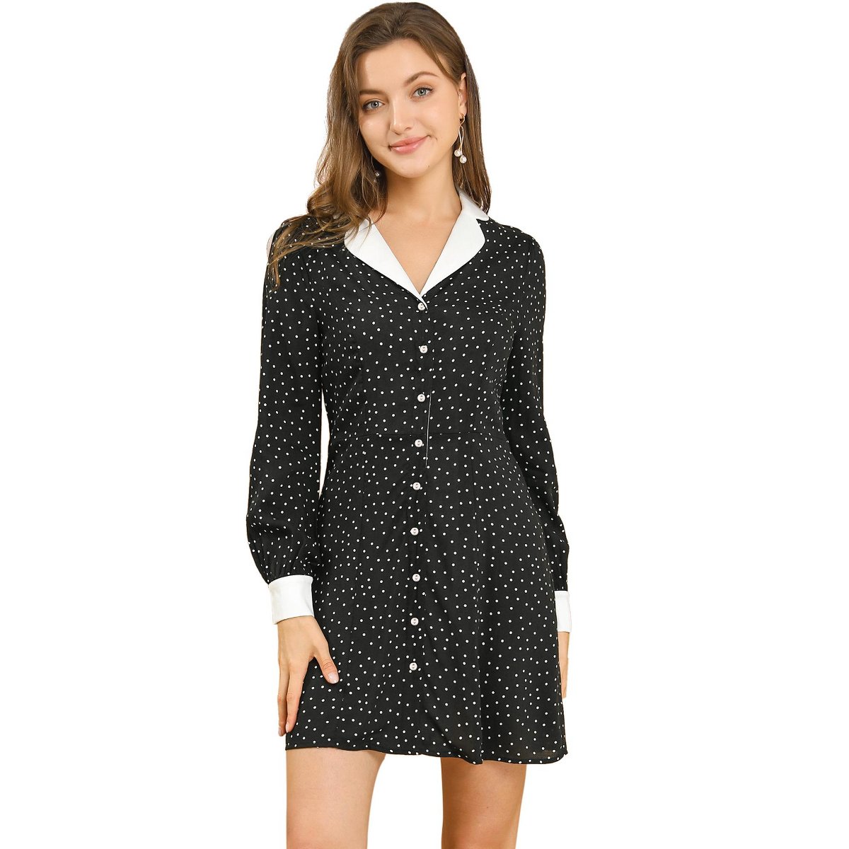 Женские платья INSPIRE CHIC Women's Polka Dots Peter Pan Contrast Collar Party Shirt Dresses Small Black — фото 3