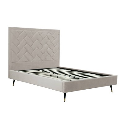 Queen Cream Velvet Upholstered Bed with Chevron Headboard