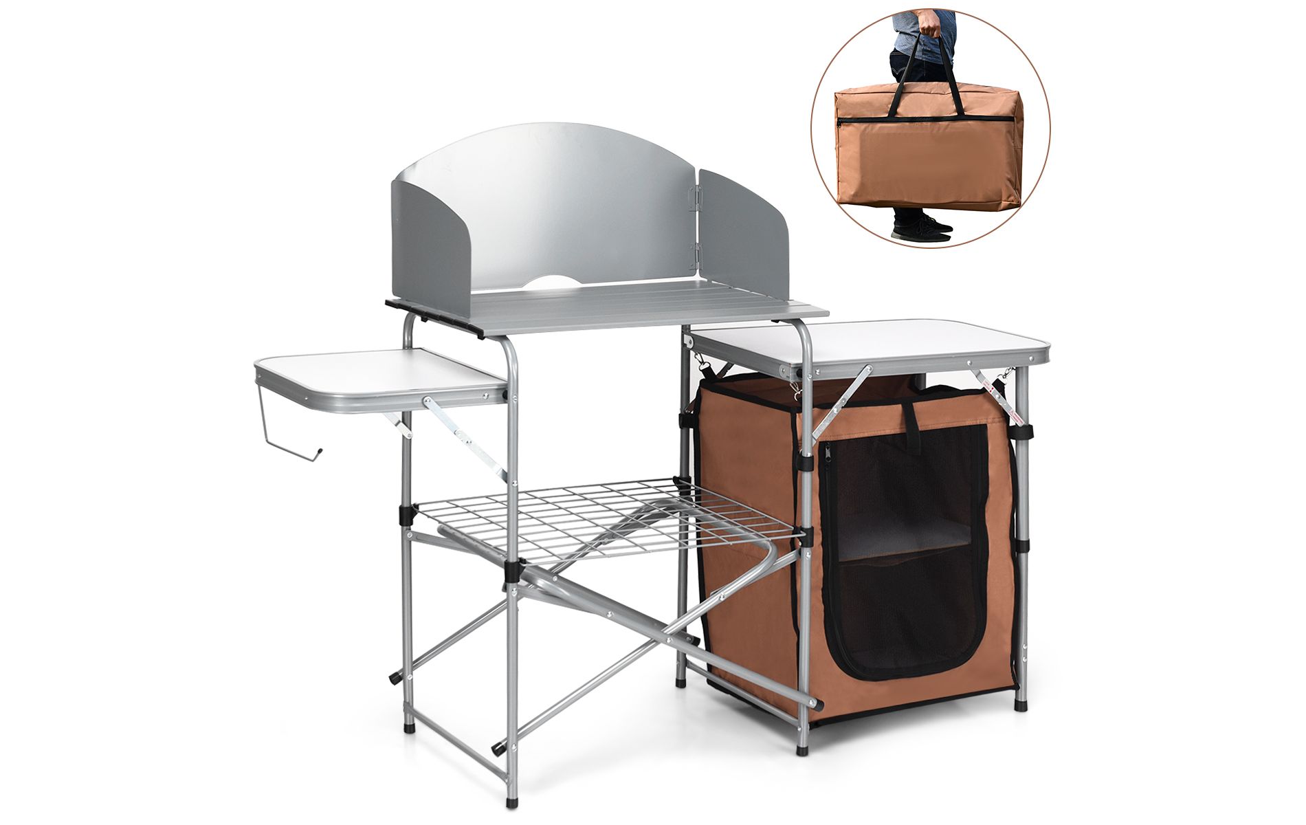 Gymax Outdoor Camping Table with Storage Folding Camp Kitchen with Windscreen Storage Bag Carrying Bag Lightweight