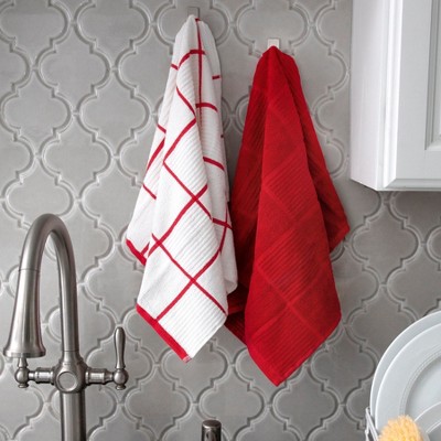 Red and White Cotton Parquet Kitchen Towel Set