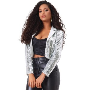 Allegra K Women's Sequin Party Lapel Collar Open Front Crop Sparkle Blazer - 1 of 4