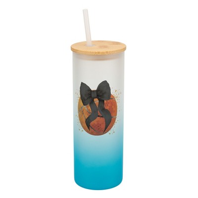Elanze Designs 25 Ounce Frosted Glass Gradient Travel Tumbler With Straw and Wooden Lid, Basketball With Black Bow Sky Blue