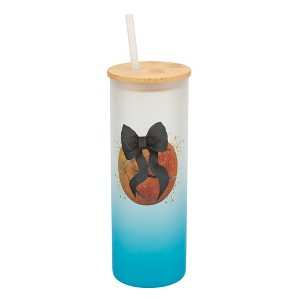 Elanze Designs 25 Ounce Frosted Glass Gradient Travel Tumbler With Straw and Wooden Lid, Basketball With Black Bow Sky Blue - 1 of 1