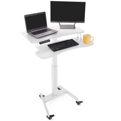 Photo 1 of (FACTROY SEALED)Stand Steady Electric Mobile Podium with Keyboard Tray | Height Adjustable Stand Up Workstation with Locking Wheels | Go from Sitting to Standing with Programmable Control Pad (White)
