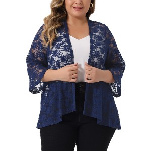 Agnes Orinda Women's Plus Size Casual Open Front 3/4 Sleeve Sheer Lace Cardigan - 1 of 4
