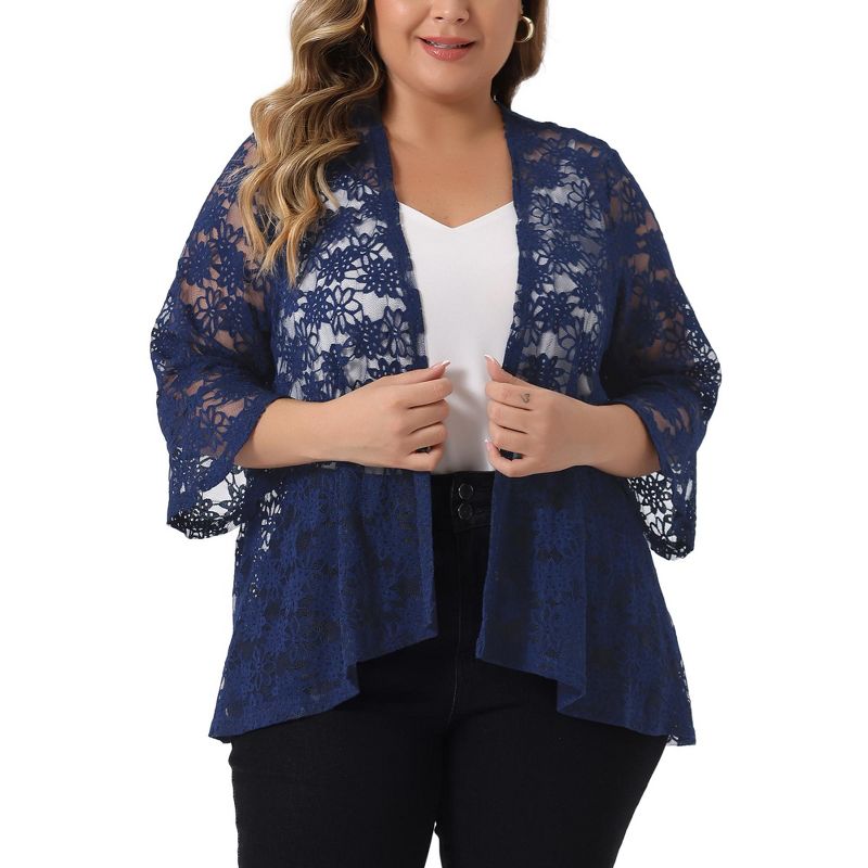 Agnes Orinda Women' s Plus Size Casual Open Front 3/4 Sleeve Sheer Lace Cardigan, 1 of 6