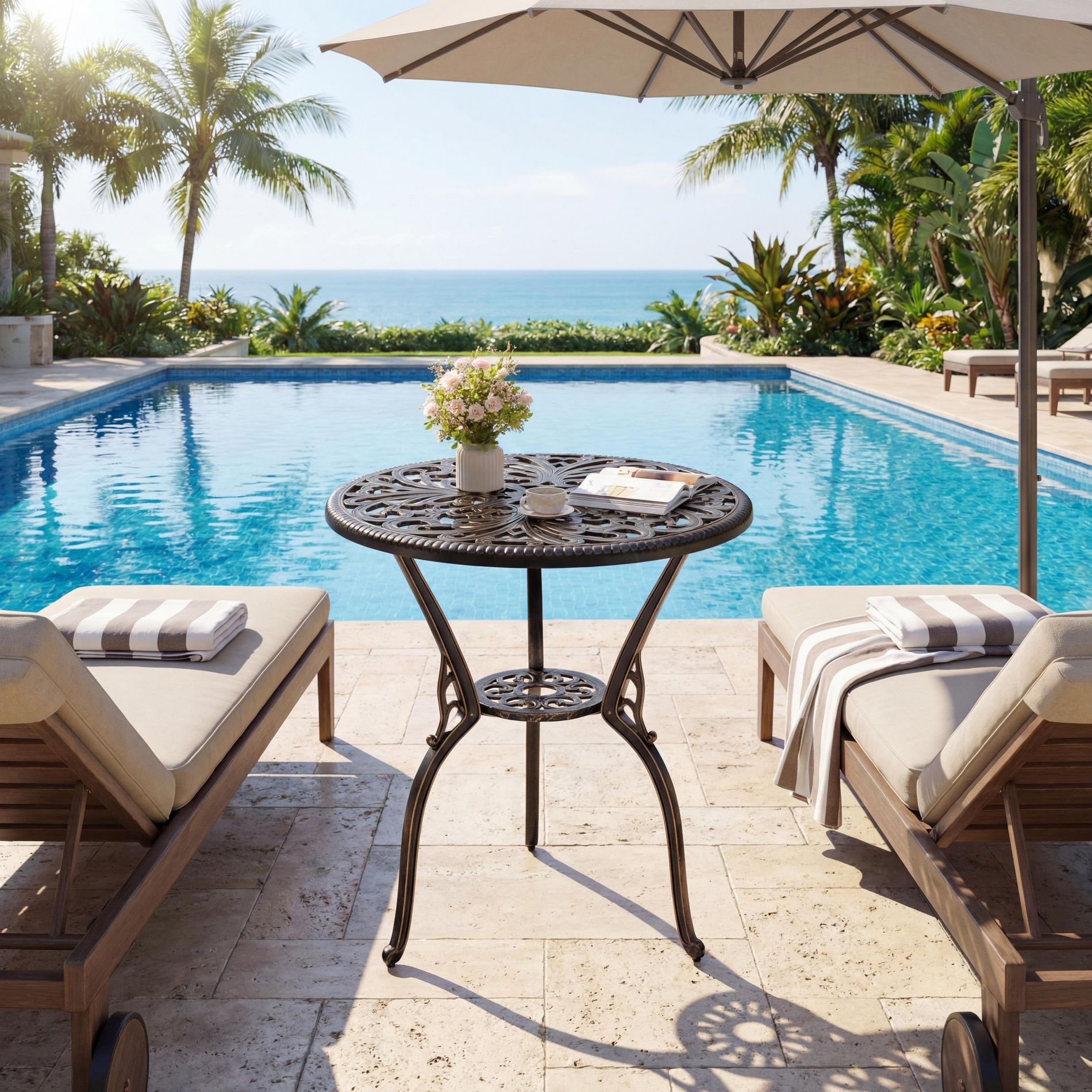 Outdoor Side Table w/ Umbrella Hole, Cast Aluminum & Anti-Rust, Round Accent Coffee Table for Patio, Garden, Balcony