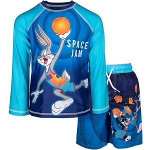 SPACE JAM Looney Tunes Buggs Bunny Daffy Duck Sylvester Little Boys Swim Rash Guard Swim Trunks Blue 4 - 1 of 4