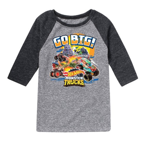 Boys' Hot Wheels Go Big Monster Three Quarter Sleeve Graphic T-Shirt -  Heather Black/Heather Gray L