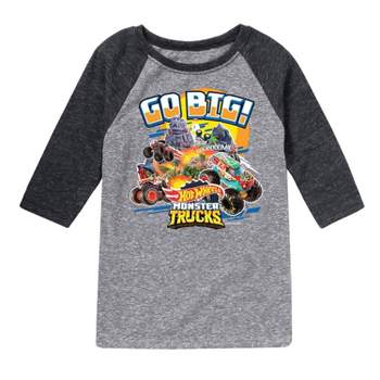 Boys' Hot Wheels Go Big Monster Three Quarter Sleeve Graphic T-Shirt - Heather Black/Heather Gray