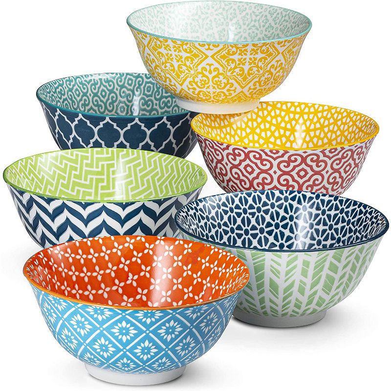 Kook Ceramic Cereal Bowls, Patterned, Set of 6, 18 oz, 1 of 2