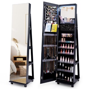 Tangkula 64" Jewelry Cabinet Armoire w/ 3-Color Lights Adjustable Shelves & Wheels - 1 of 4
