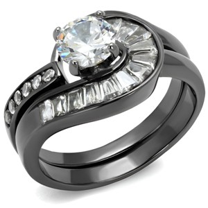 Slickblue Women's Two-Piece Light Black Wedding Ring Set – CZ Center Stone, Swirled Design, Stainless Steel, Sizes 5-10 - 1 of 4