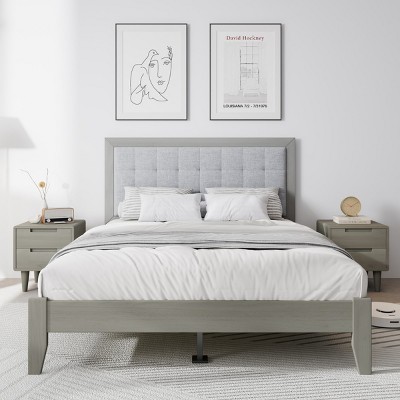 Modern Gray Solid Wood Bed Frame With Upholstered Headboard Queen,King,California King Three Sizes Platform Bed To Choose From-Cuddlewood