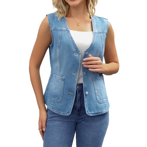 INSPIRE CHIC Women's V Neck Patch Pockets Button Down Sleeveless Denim Vest X-Large Blue