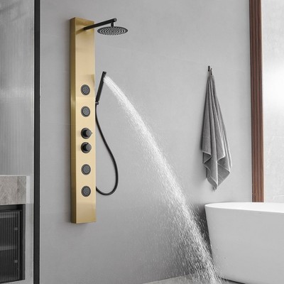 Gold and Black Stainless Steel Shower Panel System with Rainfall Showerhead