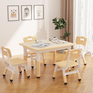 Kids Table and 4 Chairs Set, Kids Study Table and Chair Set with Graffiti Desktop & Non-Slip Legs, Height Adjustable Toddler Activity Table - 1 of 4
