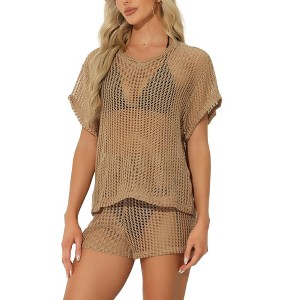 Allegra K Women's Beach Knitted Crochet Short Sleeve Hollow Out Shirt with Shorts Cover Ups 2 Pieces Set - 1 of 4