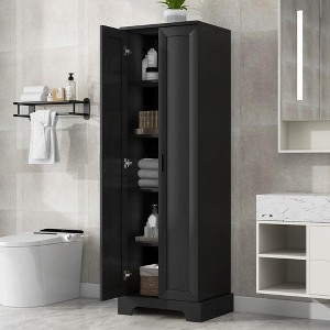 Angel Sar 5 Tier Tall Narrow Bathroom Cabinet with 2 Adjustable Shelves, 2 Fixed Shelves & 2 Doors, Anti-Tipping Storage Cabinet, Black - 1 of 4