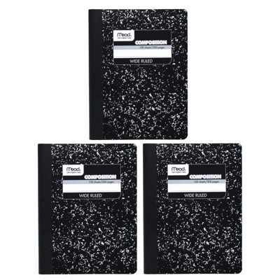 Mead Composition Book, Wide Ruled, 100 Sheets, 9 3/4" x 7 1/2", Black Marble, Pack of 3 (Pack of 6)