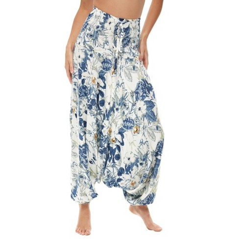 ADR Women's Harem Pants with Wide Elastic Waist, Boho Style Lounge Pants,  Joggers Blue White Floral X Small