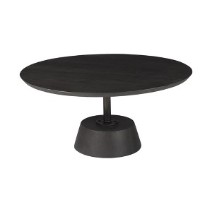 HomeRoots 32" Dark Brown and Black Solid Wood and Iron Round Pedestal Coffee Table - 1 of 4