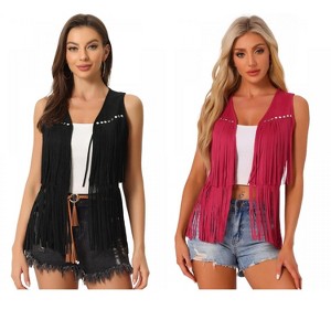 INSPIRE CHIC Women's 70s Western Open Front Faux Suede Fringe Vest 2 Packs - 1 of 4