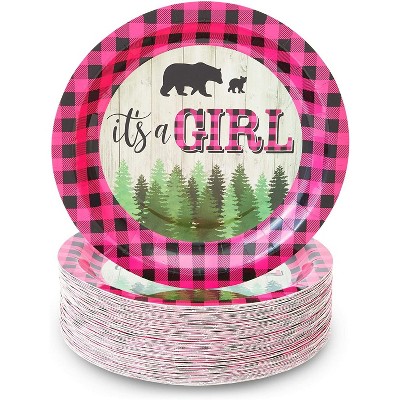 Sparkle and Bash 80-Pack It's a Girl Party Supplies, Pink Buffalo Plaid Disposable Paper Dinner Plates Baby Shower