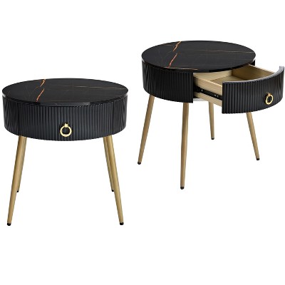 NicBex Coffee Tables for Living Room �19.6" Round Coffee Table Set of 2 Modern Fluted 2 Side Table Set with Drawers and Golden Legs, White+Gold