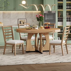 NicBex Round Dining Table Set for 4 Retro Dining Set Extendable Table with 16-inch Leaf and 4 Chairs for Kitchen - 1 of 4