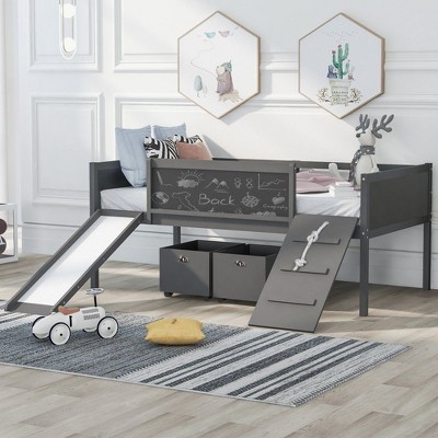 NicBex Twin Size Loft Bed with Ladder & 2 Storage Boxes,Loft Bed Frame with Guardrails & Slide,Bed Frame for Kids,Box Spring Not Required,Gray