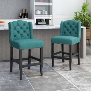 27 Inch Counter Height Stools Set Of 2,Fabric Tufted Wingback Upholstered Kitchen Chairs ,Armless Rubberwood Legs Living Room Chairs -Cuddlewood - 1 of 4