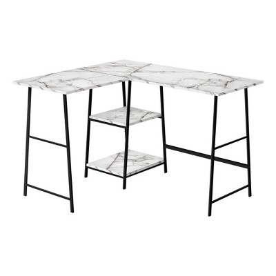 Monarch Specialties Computer Desk Home Office Corner Storage Shelves  L Shape Metal Laminate White Marble Look Black Contemporary Modern