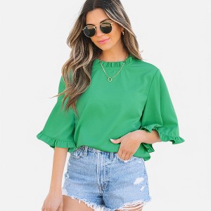 Amaryllis Women's Ruffle Sleeve Blouse Elegant Mock Neck Relaxed Fit Lightweight Versatile Chic - 1 of 4