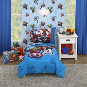 Marvel Avengers Fight the Foes Blue, Red, Green Hulk, Iron Man, Thor, Captain America 4 Piece Toddler Bed Set - 1 of 4