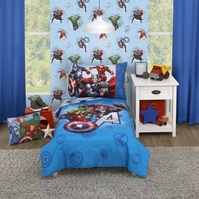 Marvel Avengers Fight the Foes Blue, Red, Green Hulk, Iron Man, Thor, Captain America 4 Piece Toddler Bed Set, 1 of 7