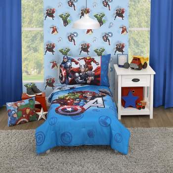 Marvel Avengers Fight the Foes Blue, Red, Green Hulk, Iron Man, Thor, Captain America 4 Piece Toddler Bed Set